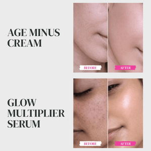 Skinmath wrinkle-free glow serum set displayed in sleek bottles with a calming, radiant aesthetic.