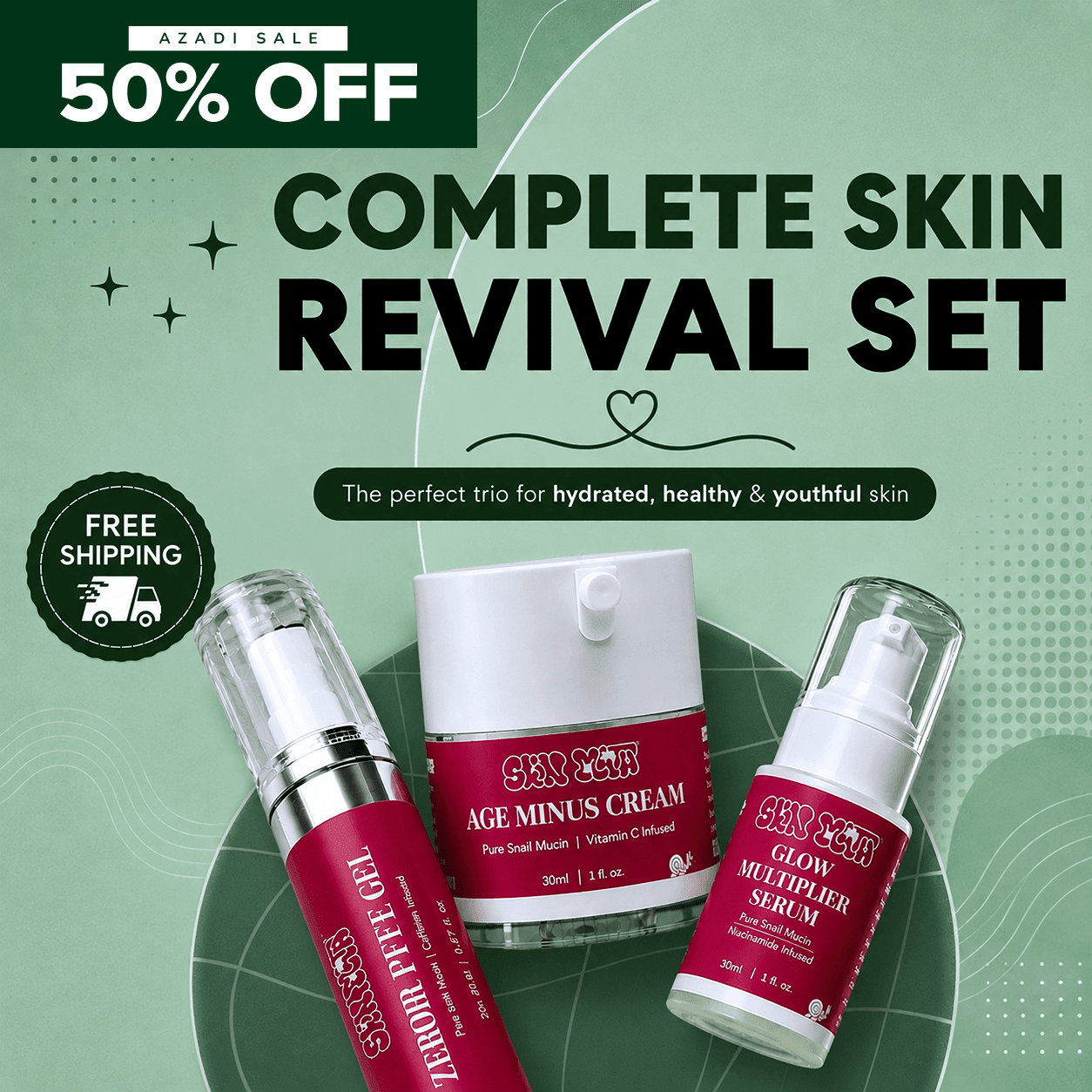 Skinmath Complete Skin Revival Set with serum bottles and skincare accessories arranged for a comprehensive skincare routine.