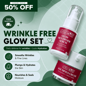Skinmath Wrinkle Free Glow Set serum featuring a sleek bottle with a pump dispenser, designed to reduce wrinkles and enhance skin radiance.